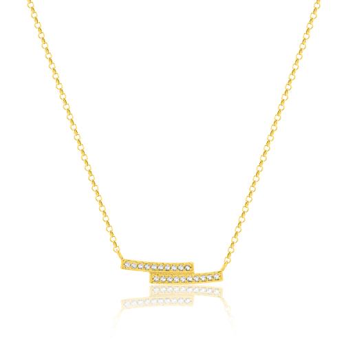 24Κ Yellow gold plated sterling silver necklace, white cubic zirconia double bar.
