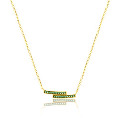 24Κ Yellow gold plated sterling silver necklace, green cubic zirconia double bar.