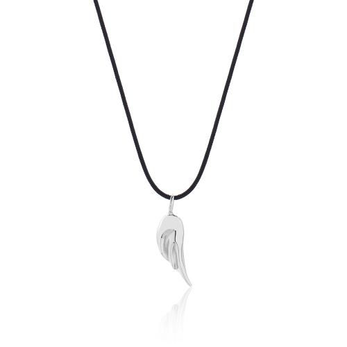 Black cord men's sterling silver necklace, wing.