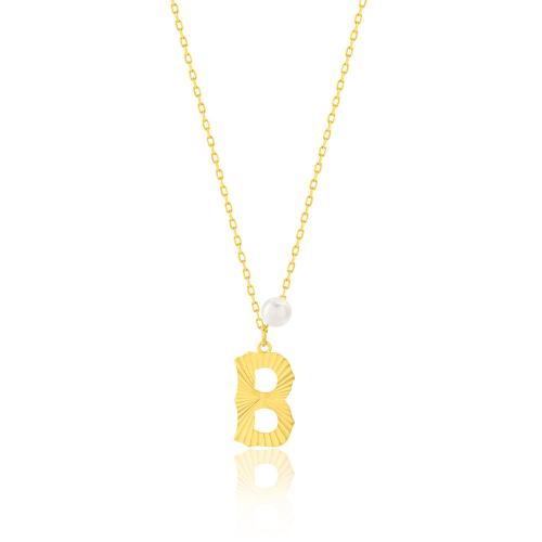 24Κ Yellow gold plated sterling silver necklace, monogram B with pearl.
