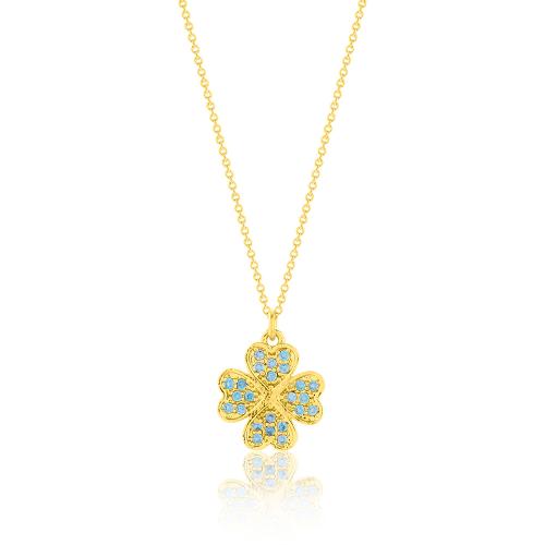 24Κ Yellow gold plated sterling silver necklace, turquoise cubic zirconia clover.