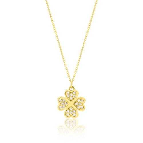 24Κ Yellow gold plated sterling silver necklace, white cubic zirconia clover.