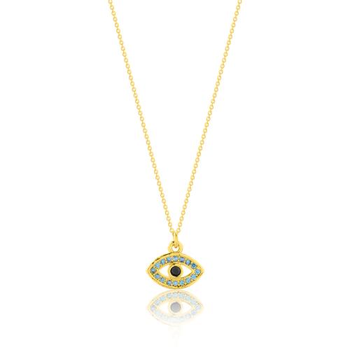 24Κ Yellow gold plated sterling silver necklace, turquoise cubic zirconia evil eye.