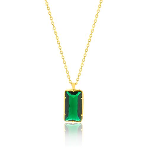 24Κ Yellow gold plated sterling silver necklace, green rectangle solitaire.