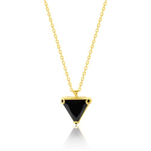24Κ Yellow gold plated sterling silver necklace, black triangle solitaire.