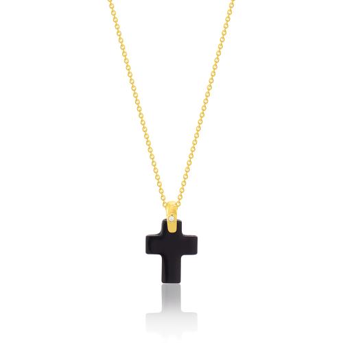 24Κ Yellow gold plated sterling silver necklace, black onyx cross and white cubic zirconia.