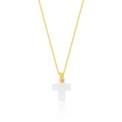 24Κ Yellow gold plated sterling silver necklace, mother of pearl cross and white cubic zirconia.