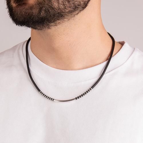 Unisex black rubber necklace, sterling silver clasp and bar.
