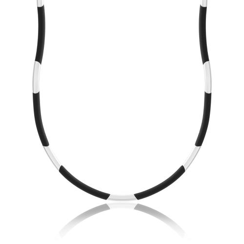 Unisex black rubber necklace, sterling silver clasp and bars.