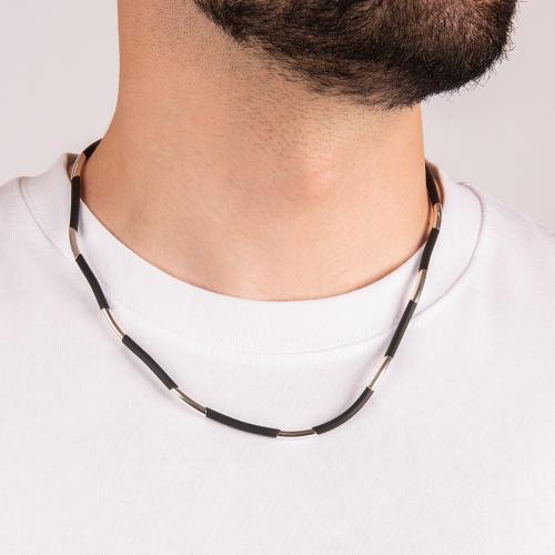 Unisex black rubber necklace, sterling silver clasp and bars.