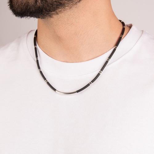 Unisex black rubber necklace, sterling silver clasp and bar.