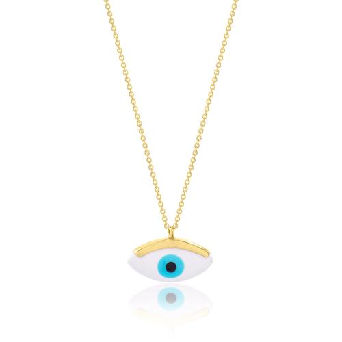 24Κ Yellow gold plated sterling silver necklace, white enamel evil eye.