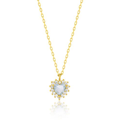 24Κ Yellow gold plated sterling silver necklace, light blue heart shaped solitaire and white cubic zirconia.