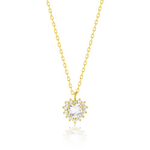 24Κ Yellow gold plated sterling silver necklace, white heart shaped solitaire and white cubic zirconia.