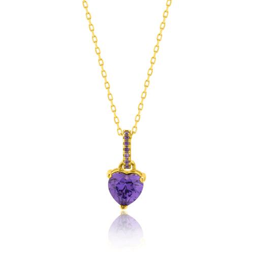 24Κ Yellow gold plated sterling silver necklace, purple heart shaped solitaire and purple cubic zirconia.