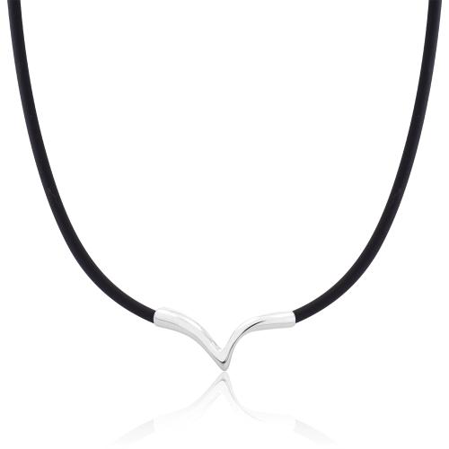 Black rubber necklace, sterling silver V shape.