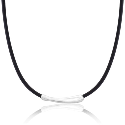Black rubber necklace, sterling silver bar.