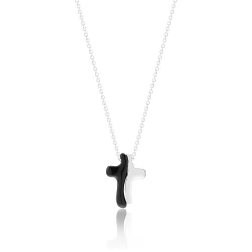Sterling silver necklace, black enamel cross.