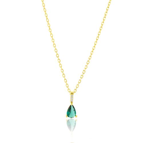 Yellow gold plated sterling silver necklace, green teardrop and white cubic zirconia.