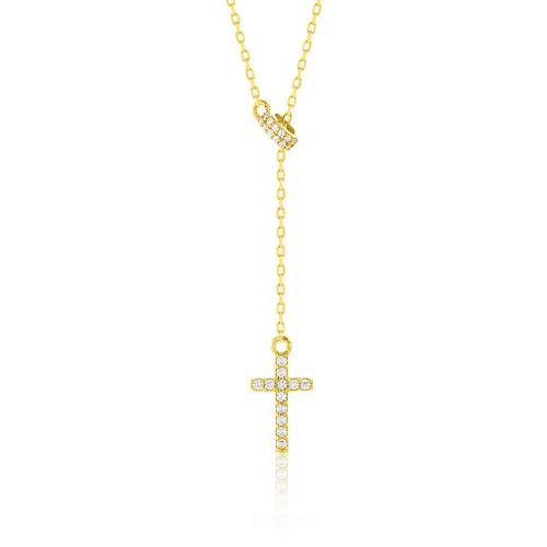 24Κ Yellow gold plated sterling silver necklace, cross with white cubic zirconia.