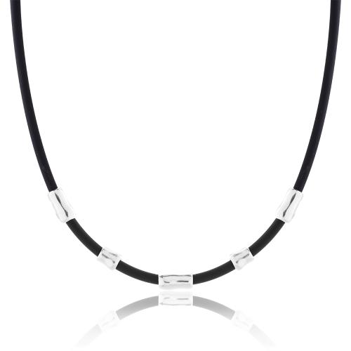 Black rubber necklace, sterling silver bars.