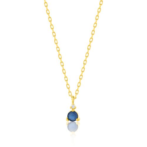 24Κ Yellow gold plated sterling silver necklace, blue solitaire and white cubic zirconia.