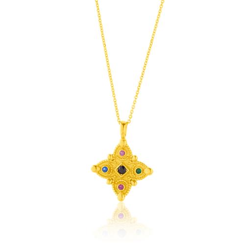 24Κ Yellow gold plated sterling silver necklace, multi color cubic zirconia cross.