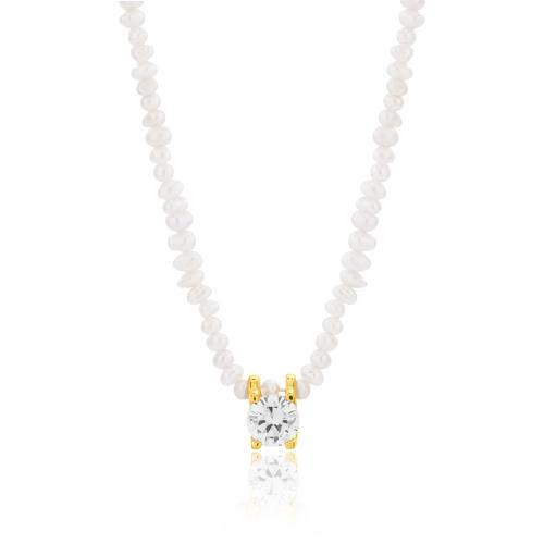 24Κ Yellow gold plated sterling silver necklace, white solitaire and pearls.