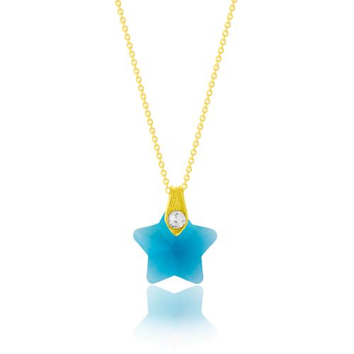 24Κ Yellow gold plated sterling silver necklace, blue crystal star with white cubic zirconia.