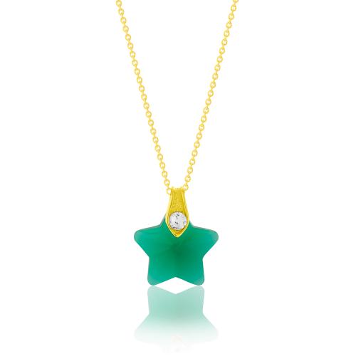 24Κ Yellow gold plated sterling silver necklace, green crystal star with white cubic zirconia.