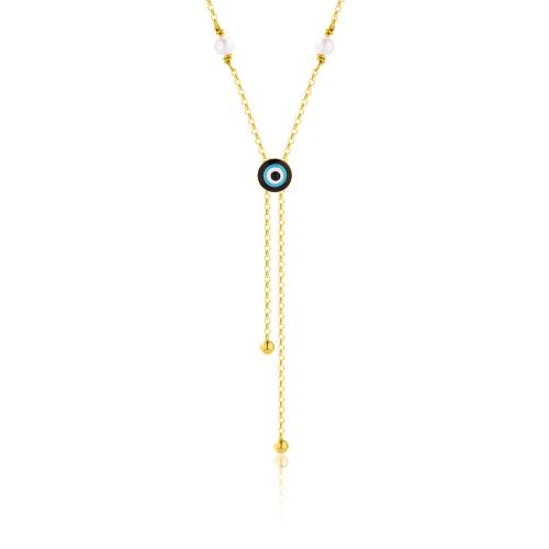 24Κ Yellow gold plated sterling silver necklace, black enamel evil eye and pearls.