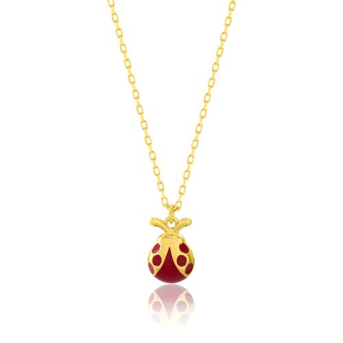 24Κ Yellow gold plated sterling silver necklace, red enamel ladybug.