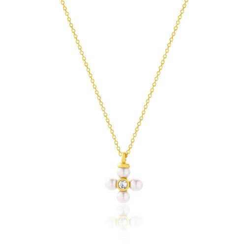 24K Yellow gold plated sterling silver necklace, white cubic zirconia and pearls cross.