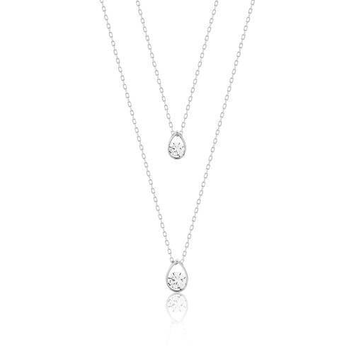 Sterling silver double necklace, white solitaire teardrops.