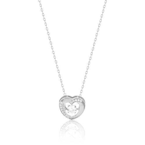 Sterling silver necklace, white cubic zirconia and heart solitaire.