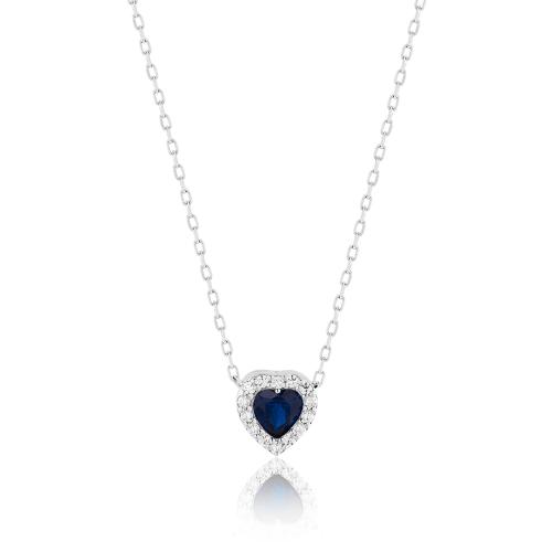 Sterling silver necklace, heart shaped blue solitaire and white cubic zirconia.