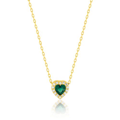 24Κ Yellow gold plated sterling silver necklace, heart shaped green solitaire and white cubic zirconia.