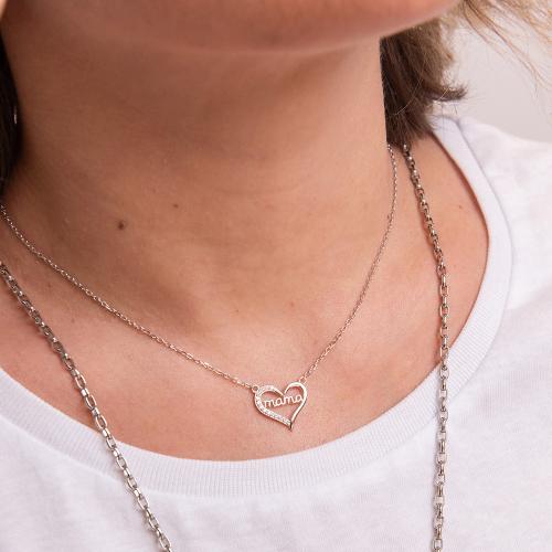 Sterling silver necklace, white cubic zirconia heart ''ΜΑΜΑ''.