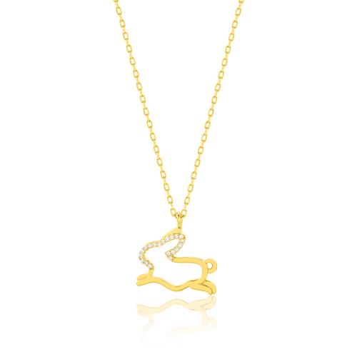 24Κ Yellow gold plated sterling silver necklace, white cubic zirconia bunny.