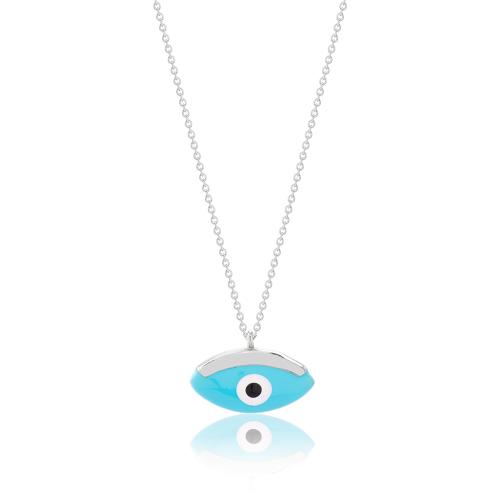 Sterling silver necklace, turquoise enamel evil eye.