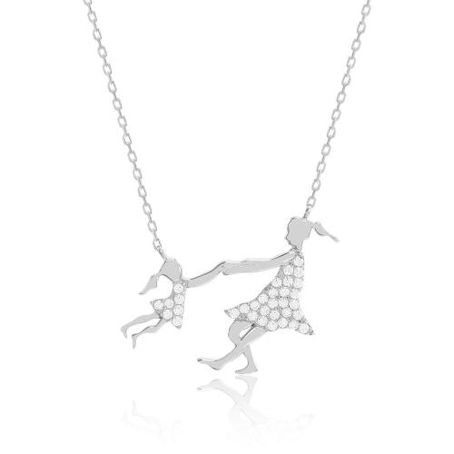 Sterling silver necklace, white cubic zirconia mother and girl.