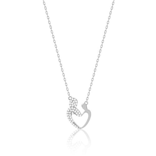 Sterling silver necklace, mother with child and white cubic zirconia heart.