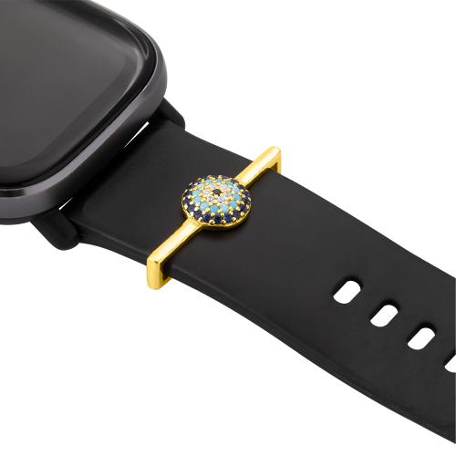 Smartwatch yellow gold plated, sterling silver charm, blue cubic zirconia evil eye.