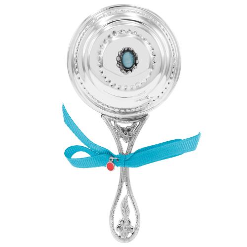 Sterling silver large baby rattle, with light blue semi precious stone.