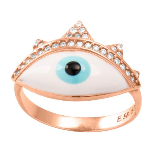 Δαχτυλίδι ροζ επιχρυσωμένο ασήμι 925, μάτι από σμάλτο και λευκά ζιργκόν.