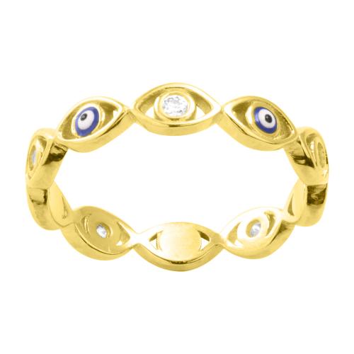 Δαχτυλίδι κίτρινο επιχρυσωμένο ασήμι 925, μάτια από σμάλτο και λευκά ζιργκόν.