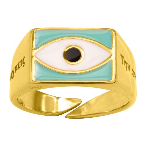 Δαχτυλίδι κίτρινο επιχρυσωμένο ασήμι 925, μάτι με λευκό και τυρκουάζ σμάλτο, 'Την άνοιξη αν δεν την βρεις την φτιάχνεις'.