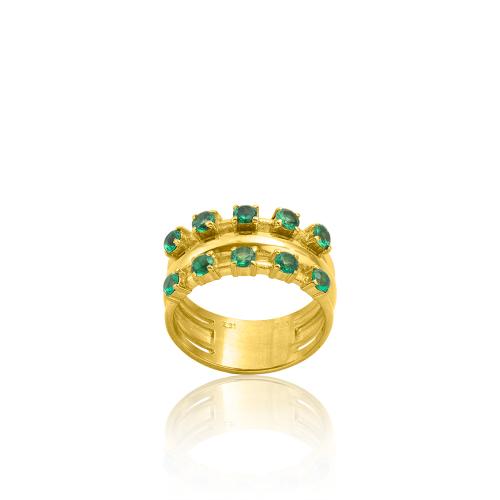 Δαχτυλίδι τριπλό ασήμι 925, κίτρινο επιχρύσωμα 24Κ, πράσινα ζιργκόν.