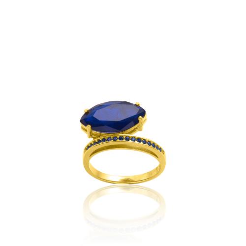 24Κ Yellow gold plated sterling silver ring, blue semi precious stone and blue cubic zirconia.