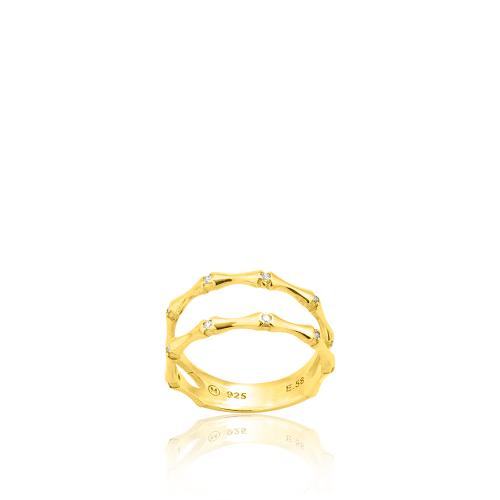 Δαχτυλίδι διπλό ασήμι 925, κίτρινο επιχρύσωμα 24Κ, λευκά ζιργκόν.